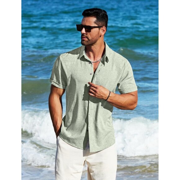Men's  A-sage Green Linen Short Sleeve Button Down Casual Shirt Business Dress - Picture 4 of 6